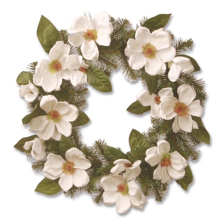 NATIONAL TREE COMPANY North Valley Spruce Magnolia Wreath, 24" Diameter x 3.5"h, White (NTTNRV71324W)