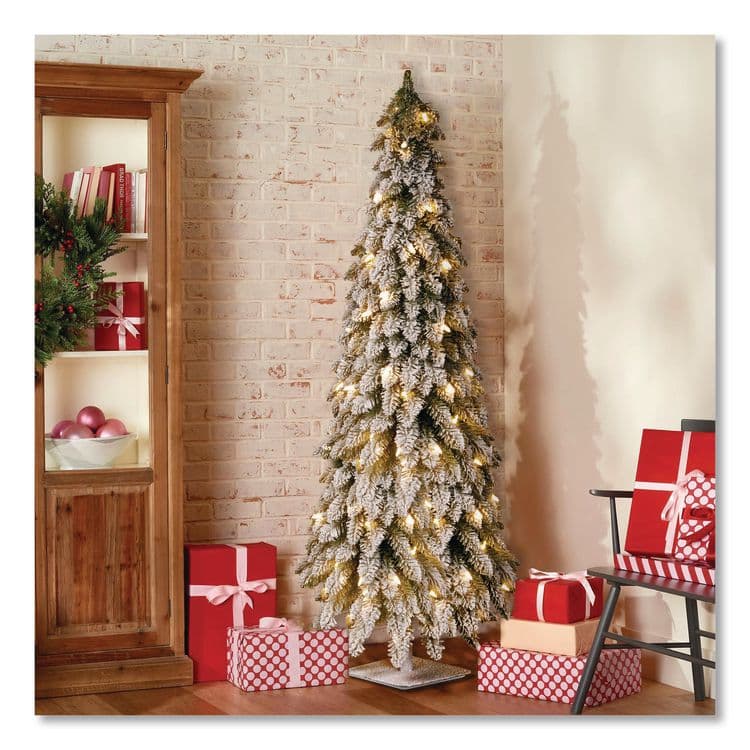 NATIONAL TREE COMPANY Pre-Lit Snowy Downswept Forest Slim Tree, 19" x 19" x 60", Green Tree, White Square Metal Plate (NTTFTDF160ALO) thumbnail 2