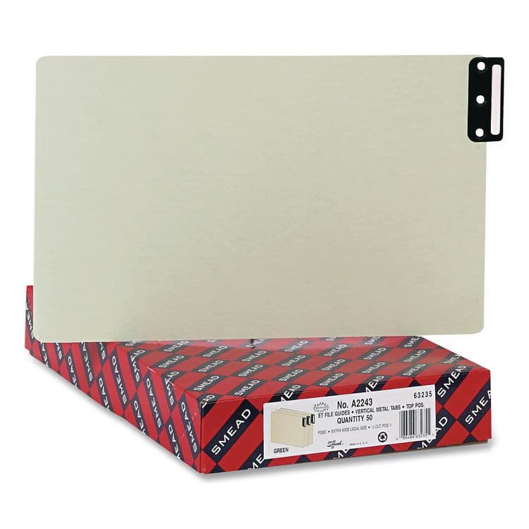 SMEAD MANUFACTURING CO. 100% Recycled End Tab Pressboard Guides with Metal Tabs, 1/3-Cut End Tab, Blank, 8.5 x 14, Green, 50/Box (SMD63235) thumbnail 3