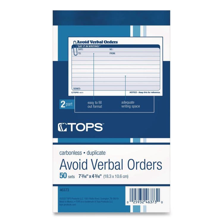 TOPS BUSINESS FORMS Avoid Verbal Orders Manifold Book, Two-Part Carbonless, 6.25 x 4.25, 50 Forms Total (TOP46373) thumbnail 3