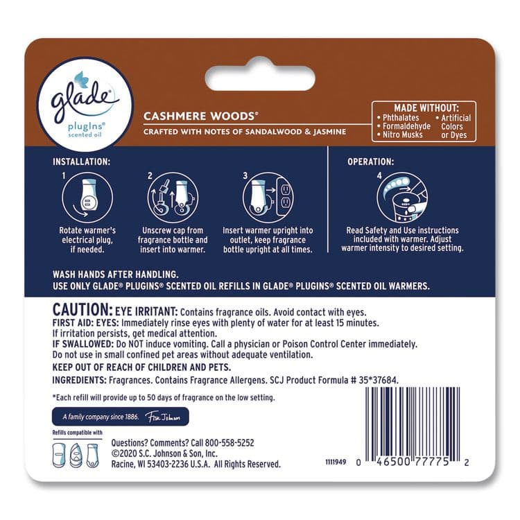 SC JOHNSON Plugin Scented Oil Refill, Cashmere Woods, 0.67 oz, 5/Pack (SJN366544) thumbnail 2