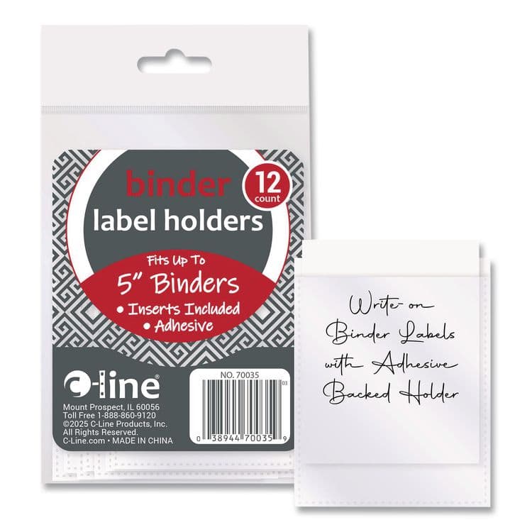 C-LINE PRODUCTS, Self-Adhesive Ring Binder Label Holders, Top Load, 2.25 x 3.63, Clear, 12/Pack (CLI70025)