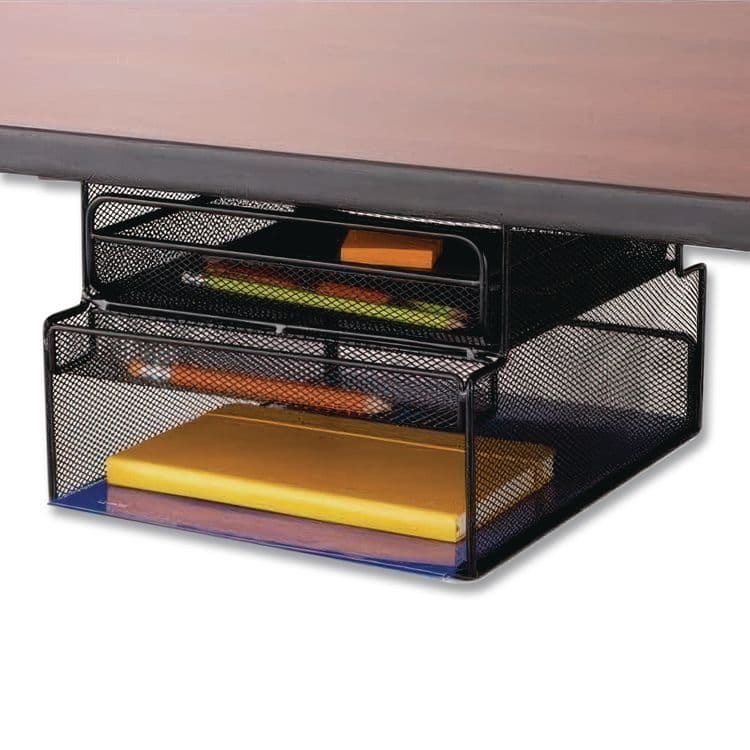 SAFCO PRODUCTS Onyx Hanging Organizer with Drawer, Under Desk Mount, 3 Compartments, Steel Mesh, 12.33 x 10 x 7.25, Black (SAF3244BL) thumbnail 2