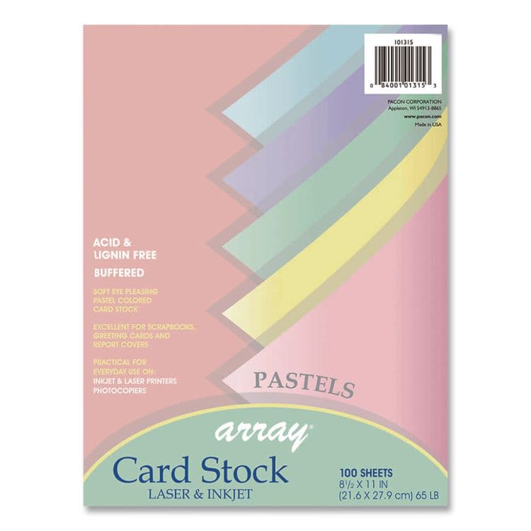 PACON CORPORATION Array Card Stock, 65 lb Cover Weight, 8.5 x 11, Assorted Pastel Colors, 100/Pack (PAC101315)