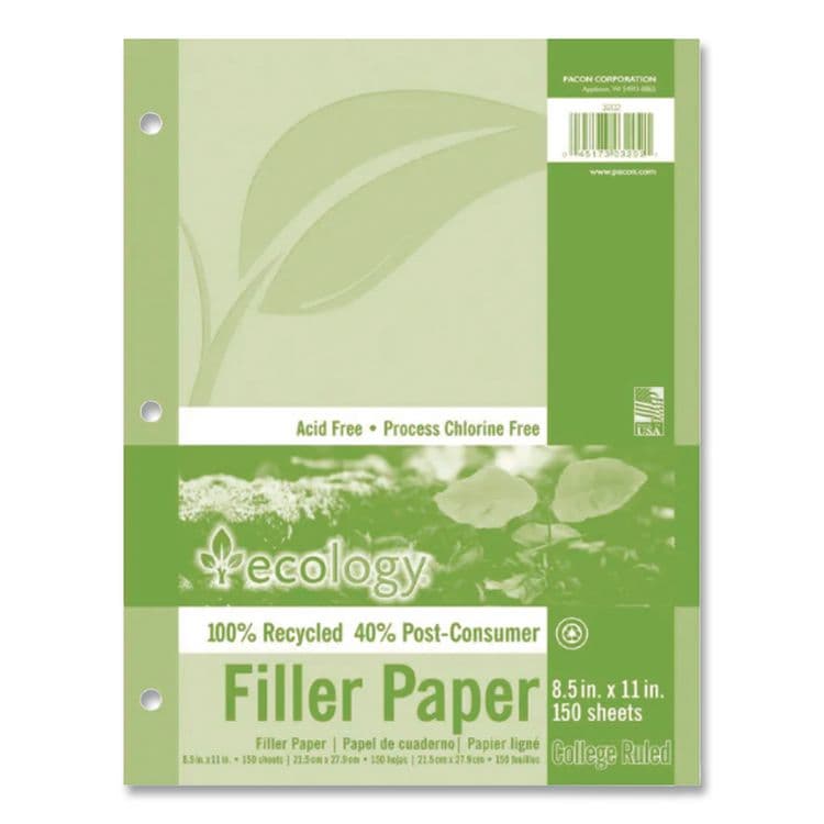 PACON CORPORATION Ecology Filler Paper, 3-Hole, 8.5 x 11, Medium/College Rule, 150/Pack (PAC3202) thumbnail 2