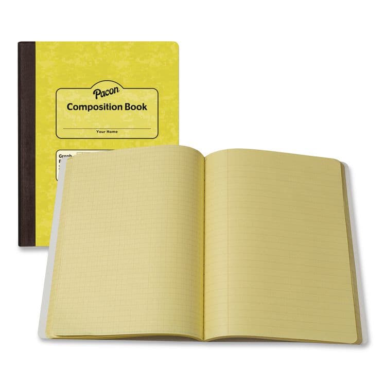 PACON CORPORATION Dual Ruled Composition Book, Left: Quad Rule (4 sq/in), Right: Wide/Legal Rule (3/8"), Yellow Cover, (100) 9.75 x 7.5 Sheets (PACMMK37163)