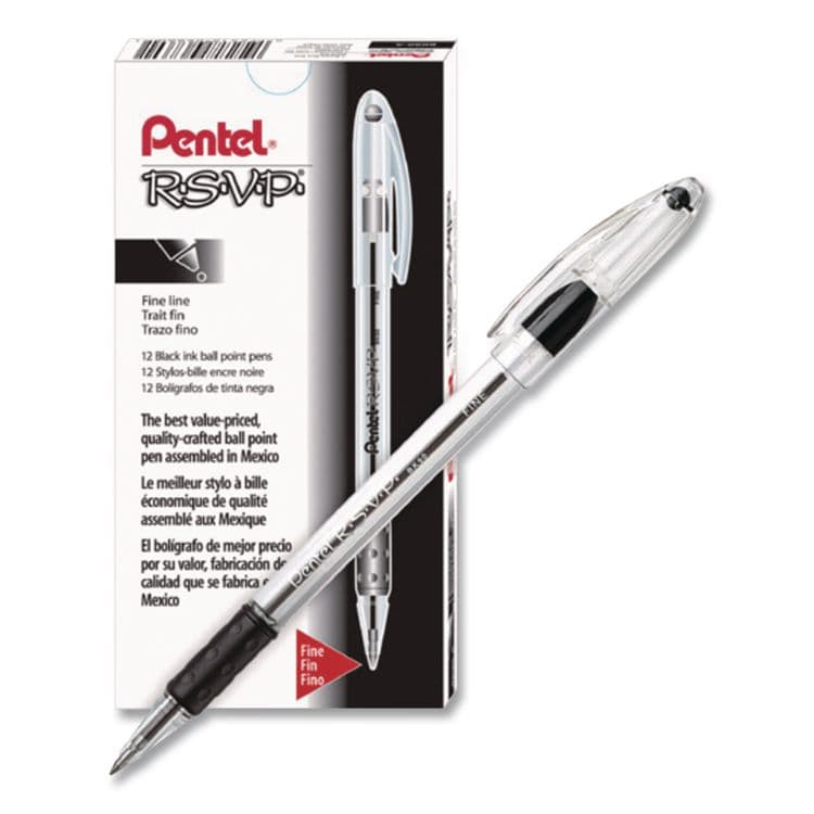 PENTEL OF AMERICA R.S.V.P. Ballpoint Pen, Stick, Fine 0.7 mm, Black Ink, Clear/Black Barrel, Dozen (PENBK90A)