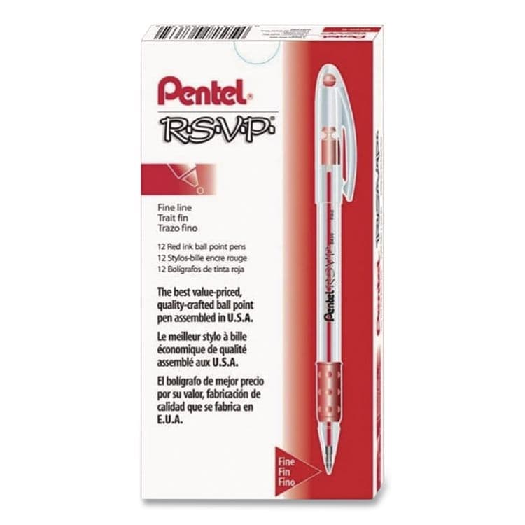 PENTEL OF AMERICA R.S.V.P. Ballpoint Pen, Stick, Fine 0.7 mm, Red Ink, Clear/Red Barrel, Dozen (PENBK90B)