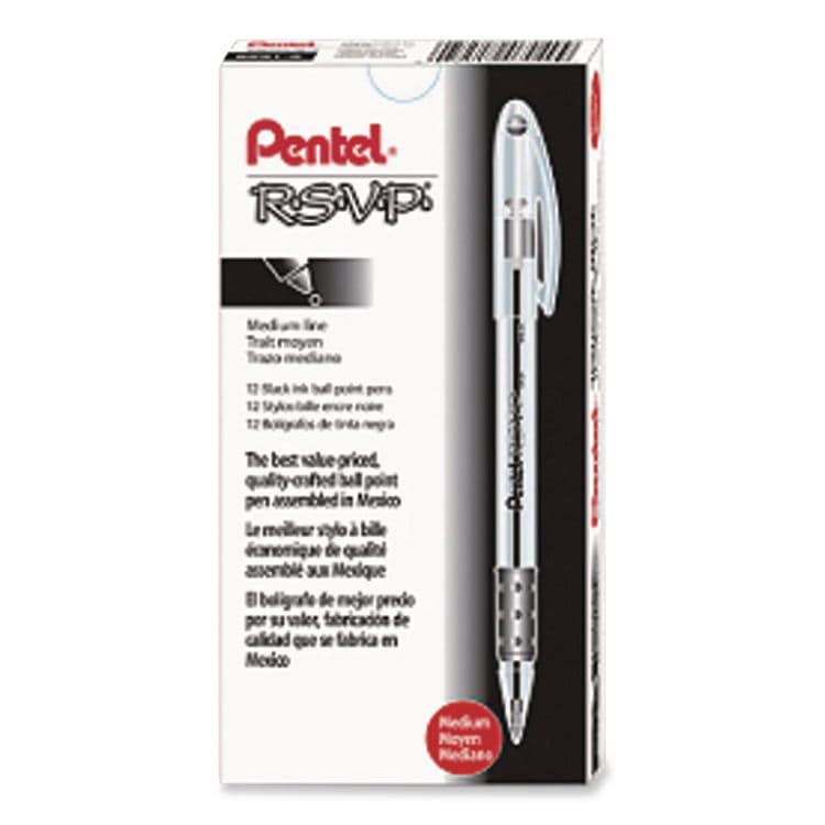 PENTEL OF AMERICA R.S.V.P. Ballpoint Pen, Stick, Medium 1 mm, Black Ink, Clear/Black Barrel, Dozen (PENBK91A)