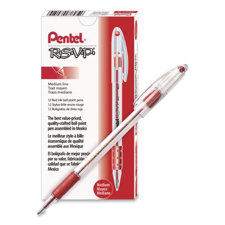 PENTEL OF AMERICA R.S.V.P. Ballpoint Pen, Stick, Medium 1 mm, Red Ink, Clear/Red Barrel, Dozen (PENBK91B)