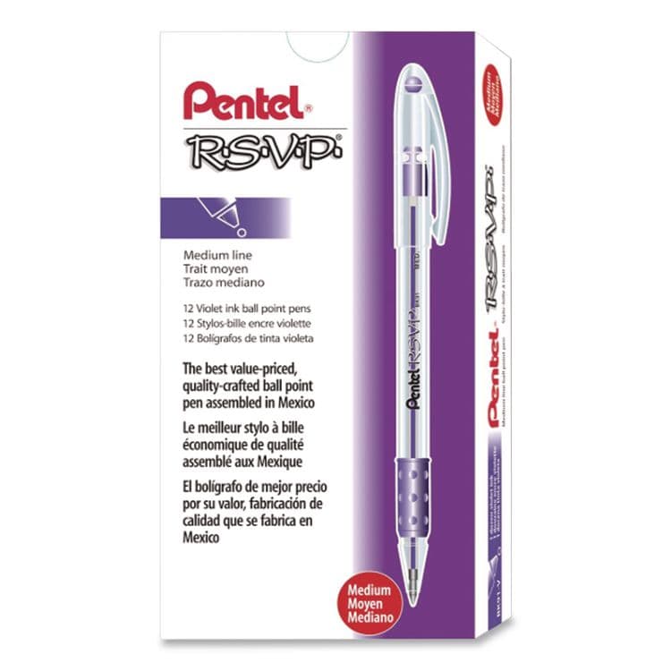 PENTEL OF AMERICA R.S.V.P. Ballpoint Pen, Stick, Medium 1 mm, Violet Ink, Clear/Violet Barrel, Dozen (PENBK91V)