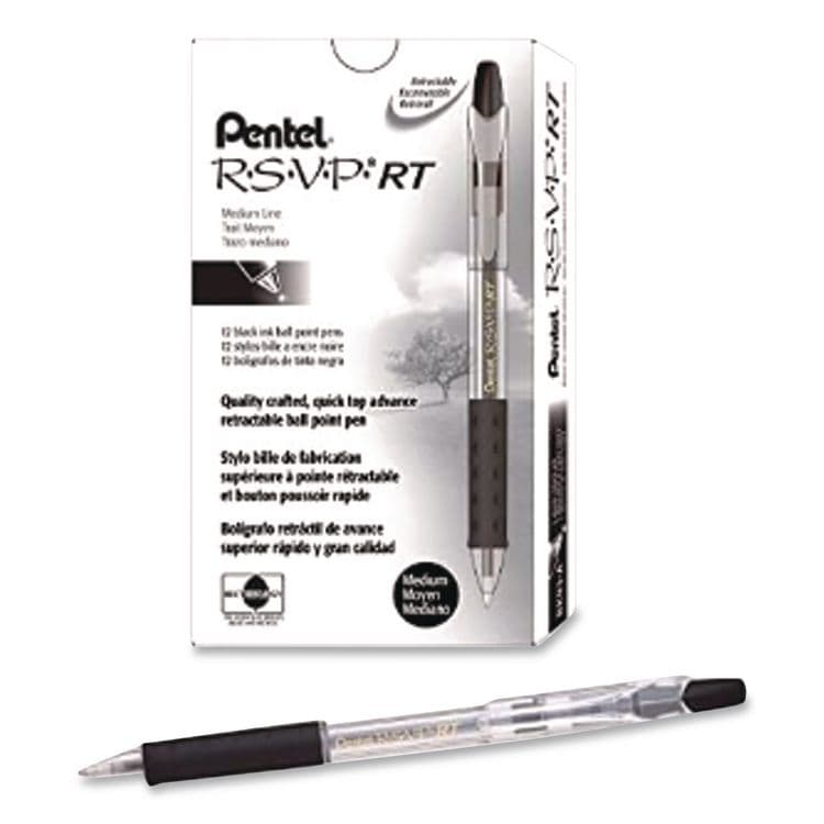 PENTEL OF AMERICA R.S.V.P. RT Ballpoint Pen, Retractable, Medium 1 mm, Black Ink, Clear Barrel, Dozen (PENBK93A)