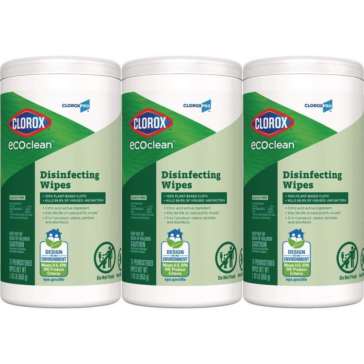 CLOROX SALES CO. CloroxPro EcoClean Disinfecting Wipes, 1-Ply, 7 x 8, Unscented, White, 3/Carton (CLO60787CT)