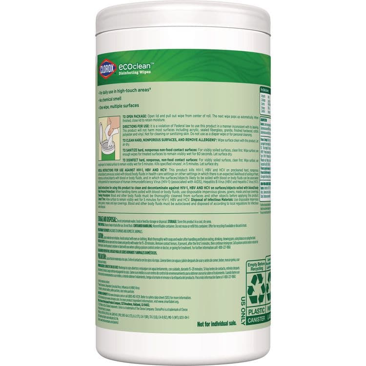CLOROX SALES CO. CloroxPro EcoClean Disinfecting Wipes, 1-Ply, 7 x 8, Unscented, White, 3/Carton (CLO60787CT) thumbnail 3
