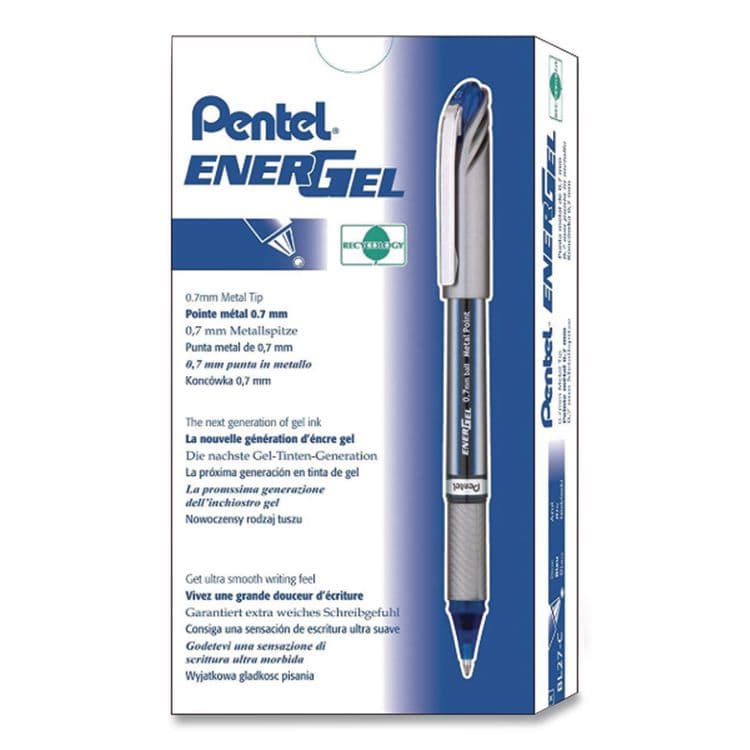PENTEL OF AMERICA EnerGel NV Gel Pen, Stick, Medium 0.7 mm, Blue Ink, Gray/Black/Blue Barrel, Dozen (PENBL27C)
