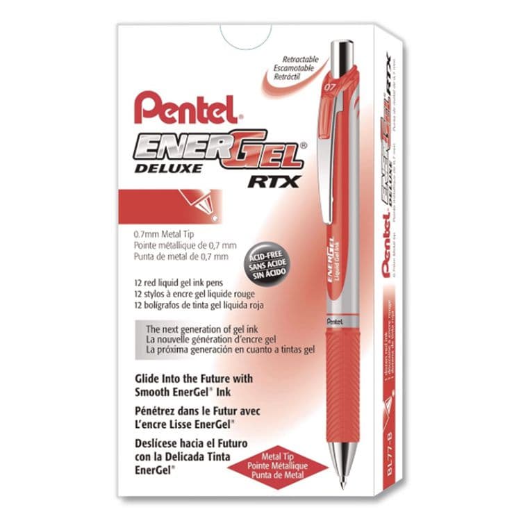 PENTEL OF AMERICA EnerGel RTX Gel Pen, Retractable, Medium 0.7 mm, Red Ink, Red/Gray Barrel (PENBL77B)