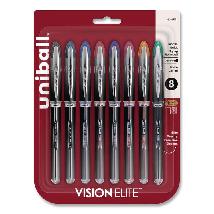 UNI VISION ELITE Rollerball Pen, Stick, Fine 0.5 mm, Assorted Ink and Barrel Colors, 8/Pack (UBC58092PP)