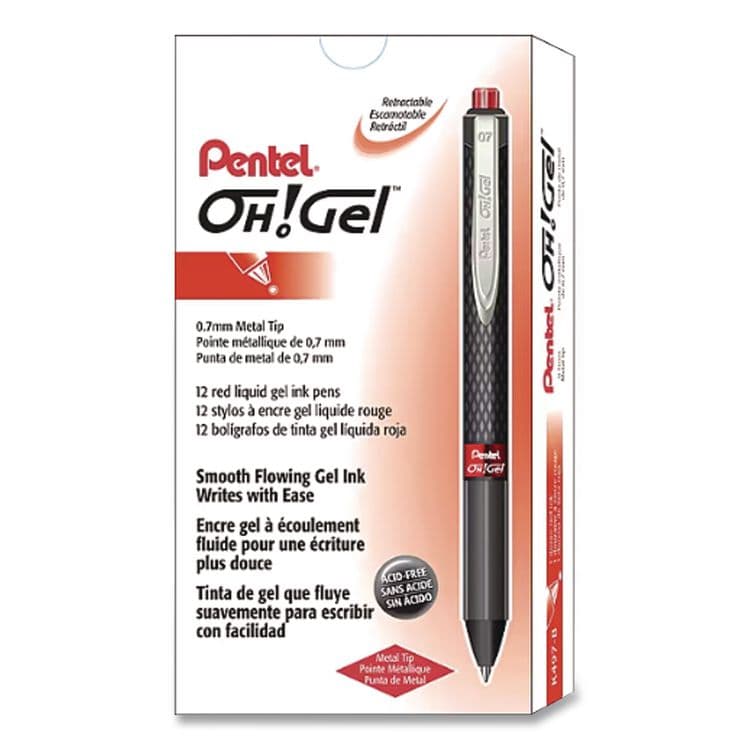 PENTEL OF AMERICA Oh! Gel Pen, Retractable, Medium 0.7 mm, Red Ink, Black Barrel, Dozen (PENK497B)