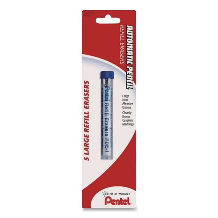 PENTEL OF AMERICA Eraser Refills for Pentel Champ, e-sharp, Jolt, Icy and Quicker Clicker Pencils, Cylindrical Rod, White, 5/Tube (PENPDE1)