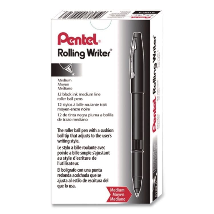 PENTEL OF AMERICA Rolling Writer Rollerball Pen, Stick, Medium 0.8 mm, Black Ink, Black Barrel, Dozen (PENR100A)