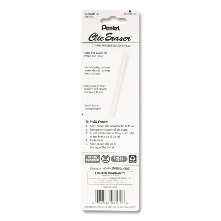 PENTEL OF AMERICA Clic Eraser Refills for Pentel Clic Erasers, Cylindrical Rod, White, 2/Pack (PENZER2) thumbnail 4