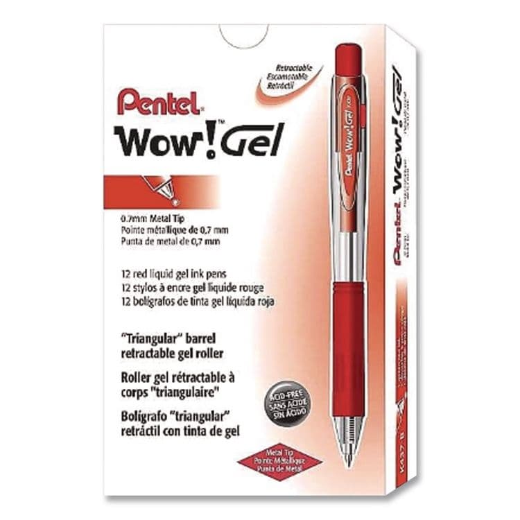 PENTEL OF AMERICA WOW! Gel Pen, Retractable, Medium 0.7 mm, Red Ink, Clear/Red Barrel, Dozen (PENK437B) thumbnail 2