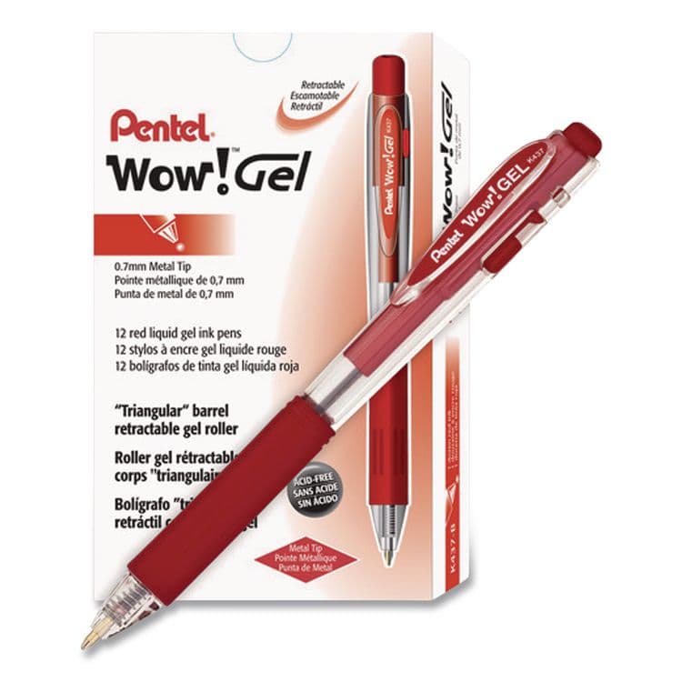 PENTEL OF AMERICA WOW! Gel Pen, Retractable, Medium 0.7 mm, Red Ink, Clear/Red Barrel, Dozen (PENK437B)