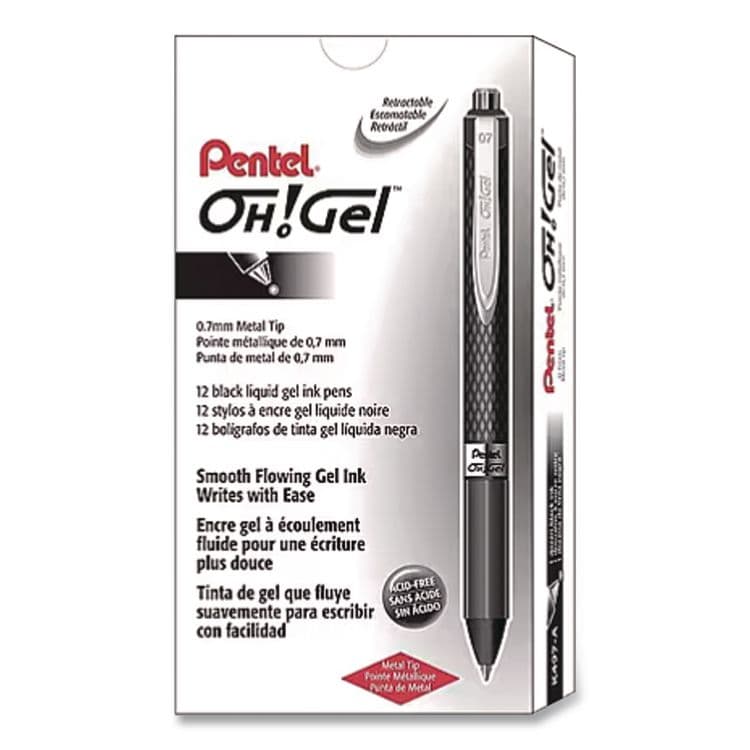 PENTEL OF AMERICA Oh! Gel Pen, Retractable, Medium 0.7 mm, Black Ink, Black Barrel, Dozen (PENK497A)