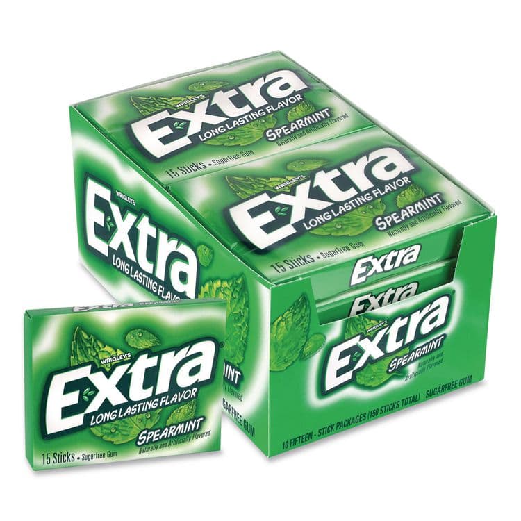 THE WRIGLEY COMPANY Extra Spearmint Sugar-Free Gum, Spearmint, 15 Sticks/Pack, 10 Packs/Carton (GRR22002638)