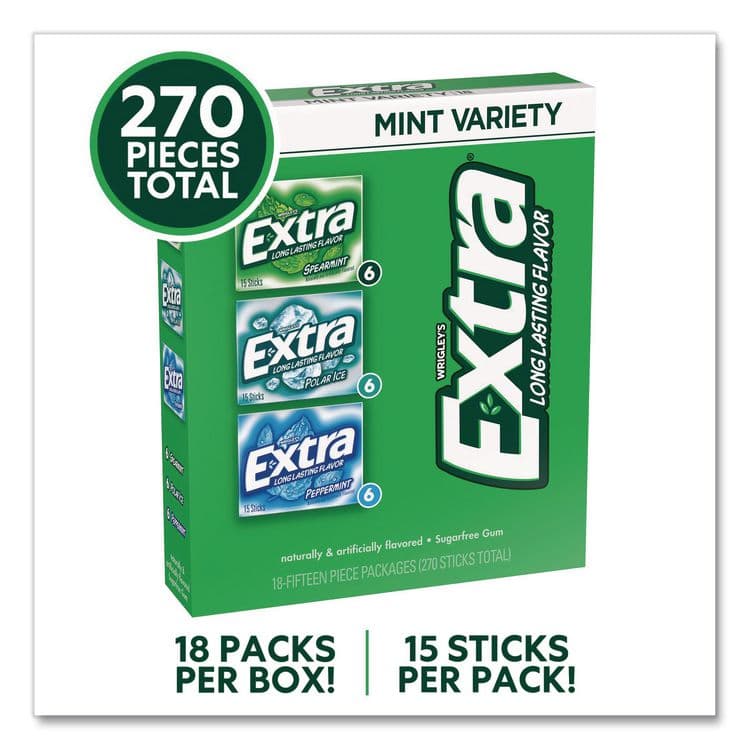 THE WRIGLEY COMPANY Extra Mint Variety Sugar-Free Gum, Peppermint/Polar Ice/Spearmint, 15 Sticks/Pack, 18 Packs/Carton (GRR22002643) thumbnail 2
