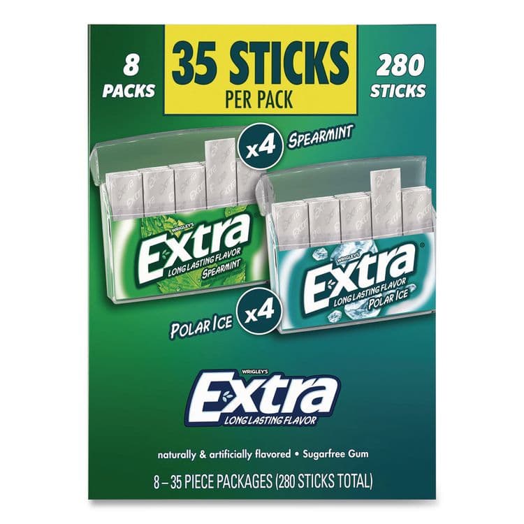 THE WRIGLEY COMPANY Extra Polar Ice and Spearmint Sugar-Free Gum Variety Pack, Polar Ice/Spearmint, 35 Sticks/Pack, 8 Packs/Carton (GRR22002644)