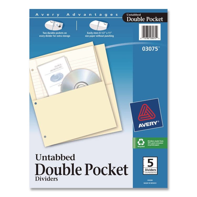 AVERY PRODUCTS CORPORATION Untabbed Double Pocket Dividers, 9.19 x 11, Manila, 5/Pack (AVE03075)