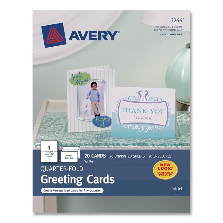 AVERY PRODUCTS CORPORATION Quarter-Fold Greeting Cards with Matching Envelopes, 80 lb, 5.5 x 4.25, Matte White, 1 Card/Sheet, 20 Sheets/Pack (AVE3266)