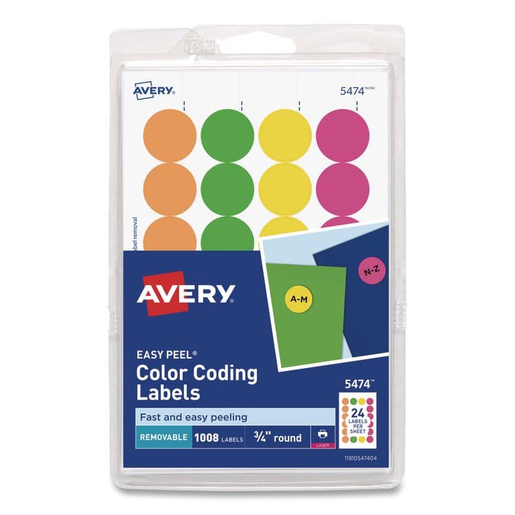 AVERY PRODUCTS CORPORATION Handwrite Only Self-Adhesive Removable Round Color-Coding Labels, 0.75" dia, Assorted Neon Colors, 24/Sheet, 42 Sheets/Pack (AVE05474)