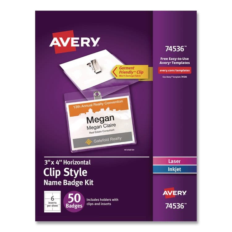 AVERY PRODUCTS CORPORATION Clip-Style Name Badge Kit, Clear, 3 x 4 Insert, 50 Badges/Box, 5 Boxes/Carton (AVE74536)