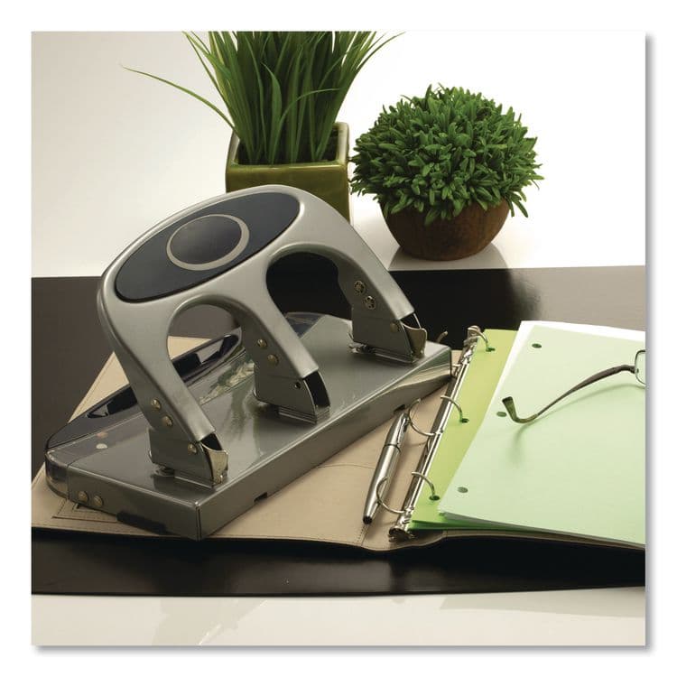 OFFICEMATE INTERNATIONAL CORP. 45-Sheet Deluxe Desktop 3-Hole Punch, 0.25" Holes, Silver/Navy (OIC90100) thumbnail 4