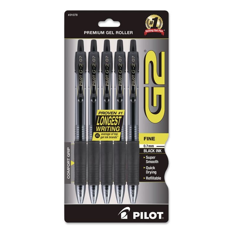 PILOT CORP. OF AMERICA G2 Premium Gel Pen, Retractable, Fine 0.7 mm, Black Ink, Smoke/Black Barrel, 5/Pack (PIL31078)