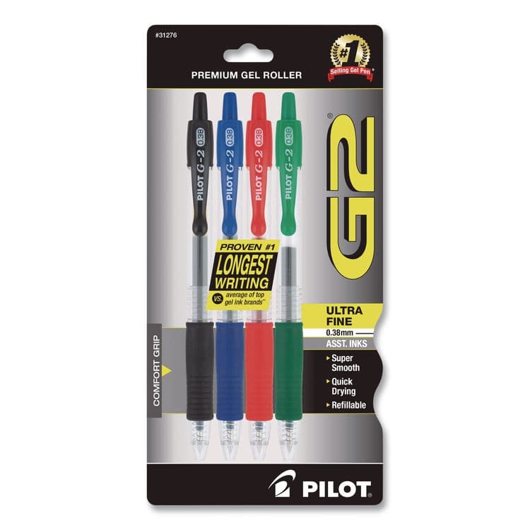 PILOT CORP. OF AMERICA G2 Premium Gel Pen, Retractable, Ultra-Fine, 0.38 mm, Assorted Ink/Barrel Colors, 4/Pack (PIL31276)
