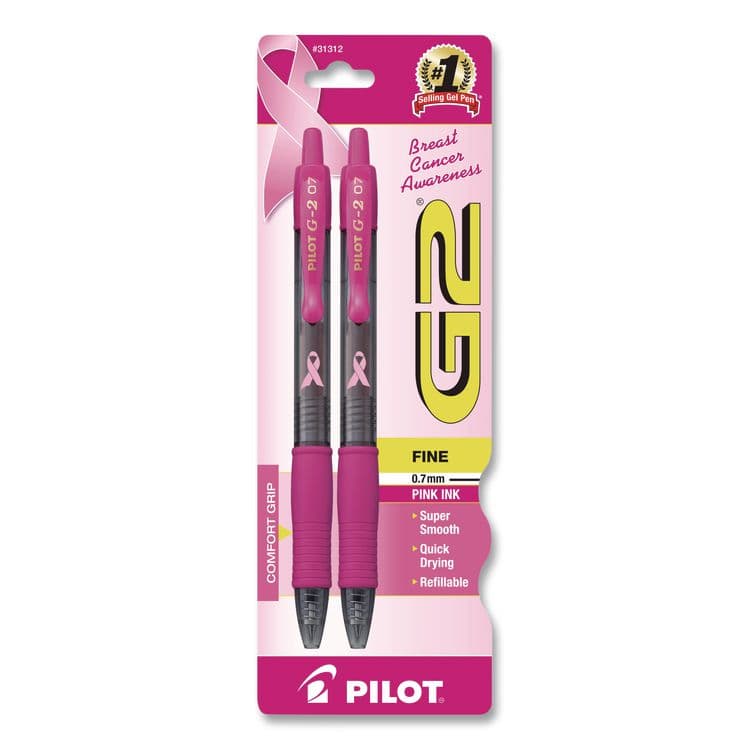 PILOT CORP. OF AMERICA G2 Premium Breast Cancer Awareness Gel Pen, Retractable, Fine 0.7 mm, Pink Ink, Smoke/Pink Barrel, 2/Pack (PIL31312)