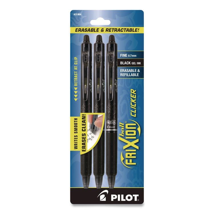 PILOT CORP. OF AMERICA FriXion Ball Clicker Erasable Gel Pen, Retractable, Fine 0.7 mm, Black Ink, Black Barrel, 3/Pack (PIL31464)