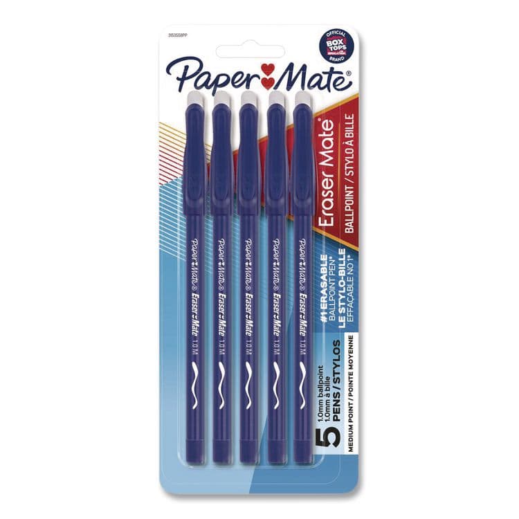 SANFORD Eraser Mate Ballpoint Pen, Stick, Medium 1 mm, Blue Ink, Blue Barrel, 5/Pack (PAP3153558PP)