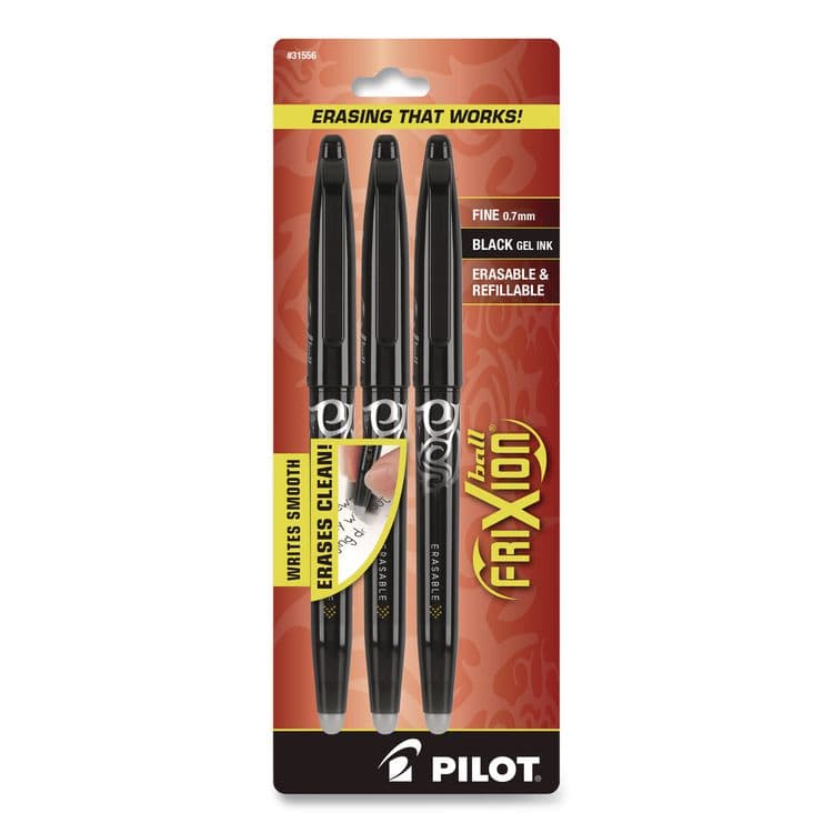 PILOT CORP. OF AMERICA FriXion Ball Erasable Gel Pen, Stick, Fine 0.7 mm, Black Ink, Black Barrel, 3/Pack (PIL31556)