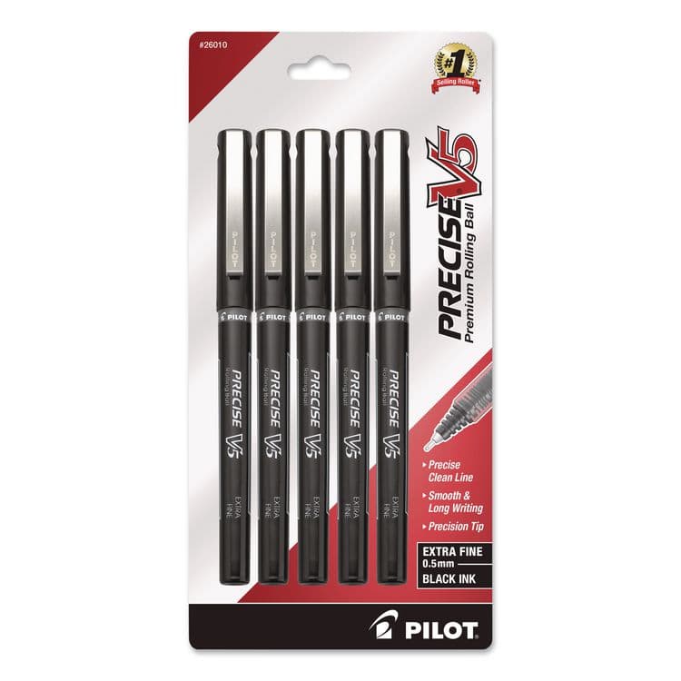 PILOT CORP. OF AMERICA Precise V5 Rollerball Pen, Stick, Extra-Fine 0.5 mm, Black Ink, Black/Clear Barrel, 5/Pack (PIL26010)