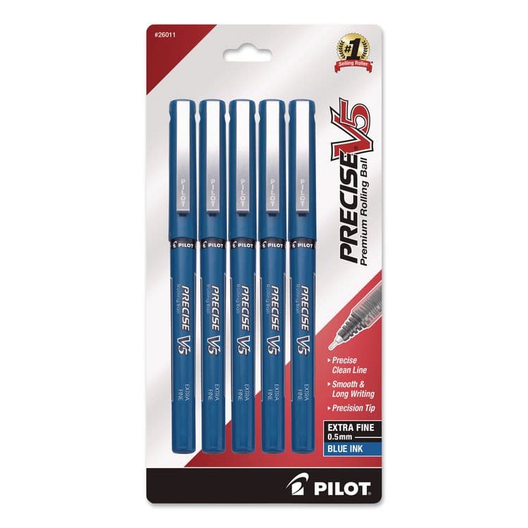 PILOT CORP. OF AMERICA Precise V5 Rollerball Pen, Stick, Extra-Fine 0.5 mm, Blue Ink, Blue/Clear Barrel, 5/Pack (PIL26011)