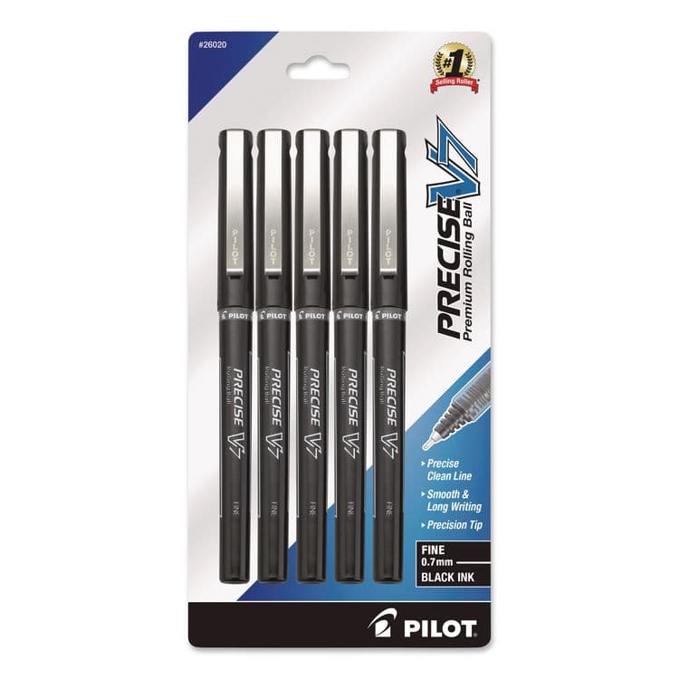 PILOT CORP. OF AMERICA Precise V7 RollerBall Pen, Stick, Fine 0.7 mm, Black Ink, Black/Clear Barrel, 5/Pack (PIL26020)