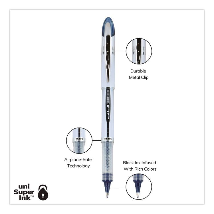 UNI VISION ELITE BLX Series Hybrid Gel Pen, Stick, Bold 0.8 mm, Blue-Infused Black Ink, White/Blue/Clear Barrel, 4/Pack (UBC67182PP) thumbnail 3