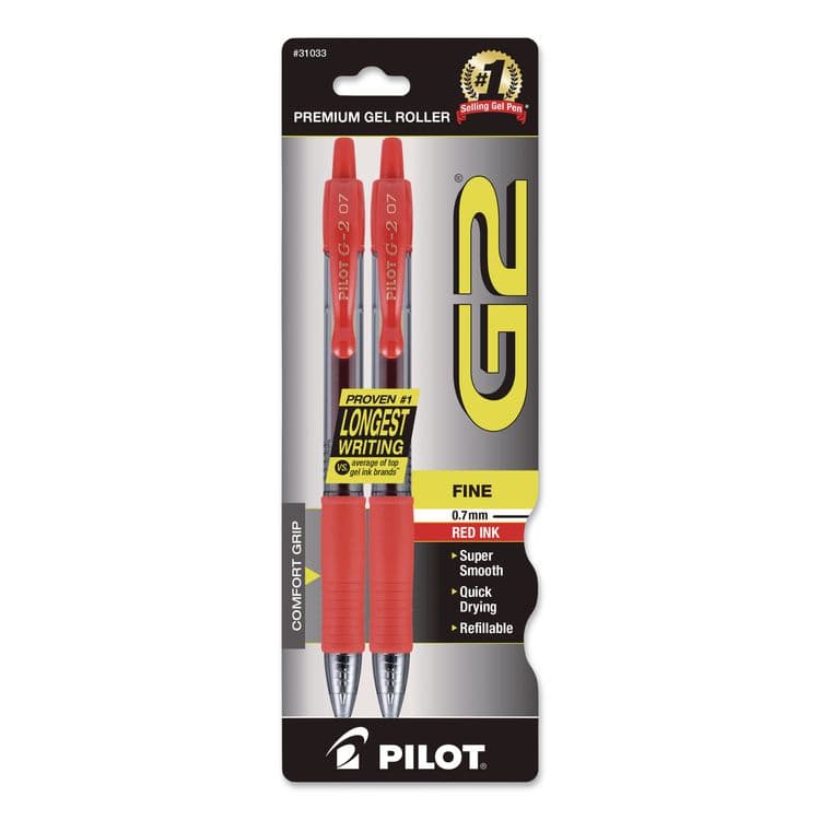 PILOT CORP. OF AMERICA G2 Premium Gel Pen, Retractable, Fine 0.7 mm, Red Ink, Smoke/Red Barrel, 2/Pack (PIL31033)