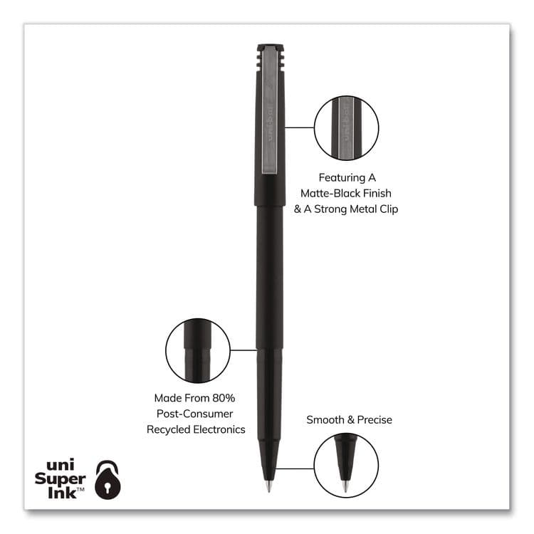 UNI Rollerball Pen, Stick, Micro 0.5 mm, Black Ink, Black Barrel (UBC498774) thumbnail 3