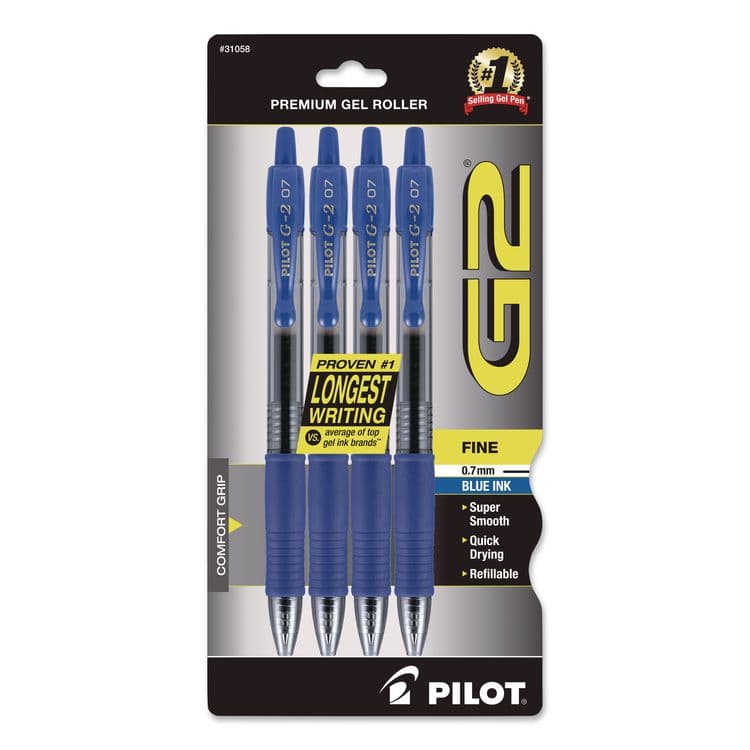 PILOT CORP. OF AMERICA G2 Premium Gel Pen, Retractable, Fine 0.7 mm, Blue Ink, Smoke/Blue Barrel, 4/Pack (PIL31058)