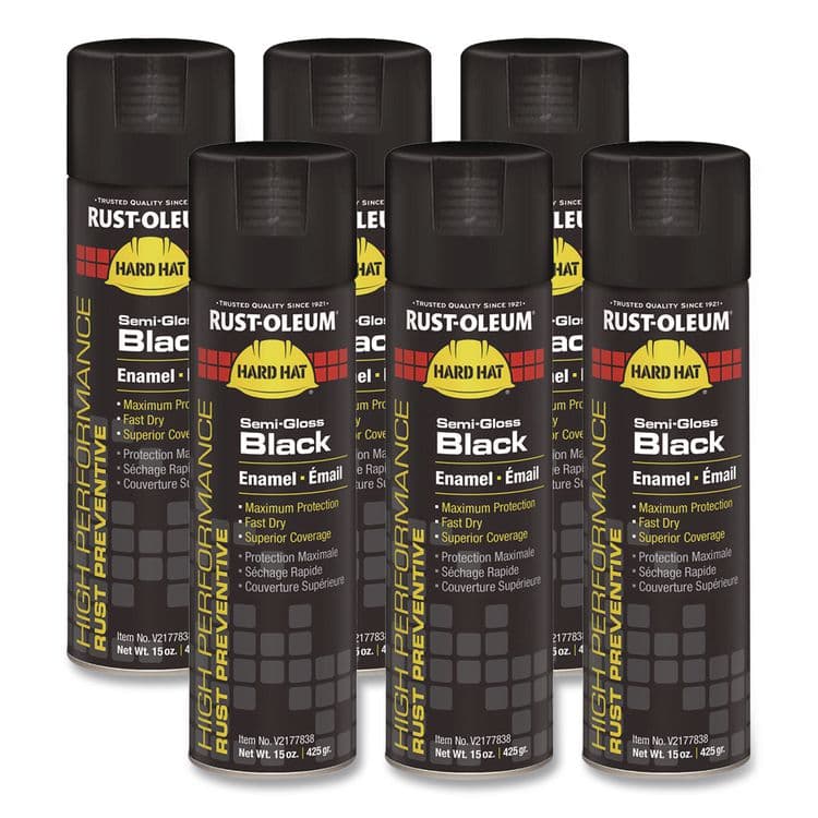 RUST-OLEUM CORPORATION Hard Hat High Performance V2100 System Rust Preventive Enamel Spray Paint, Semi-Gloss Black, 15 oz Aerosol Can, 6/Carton (RSTV2177838CT)